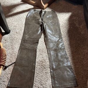 100% Leather Brown Straight Leg Pants Snake Skin Embossment/Print